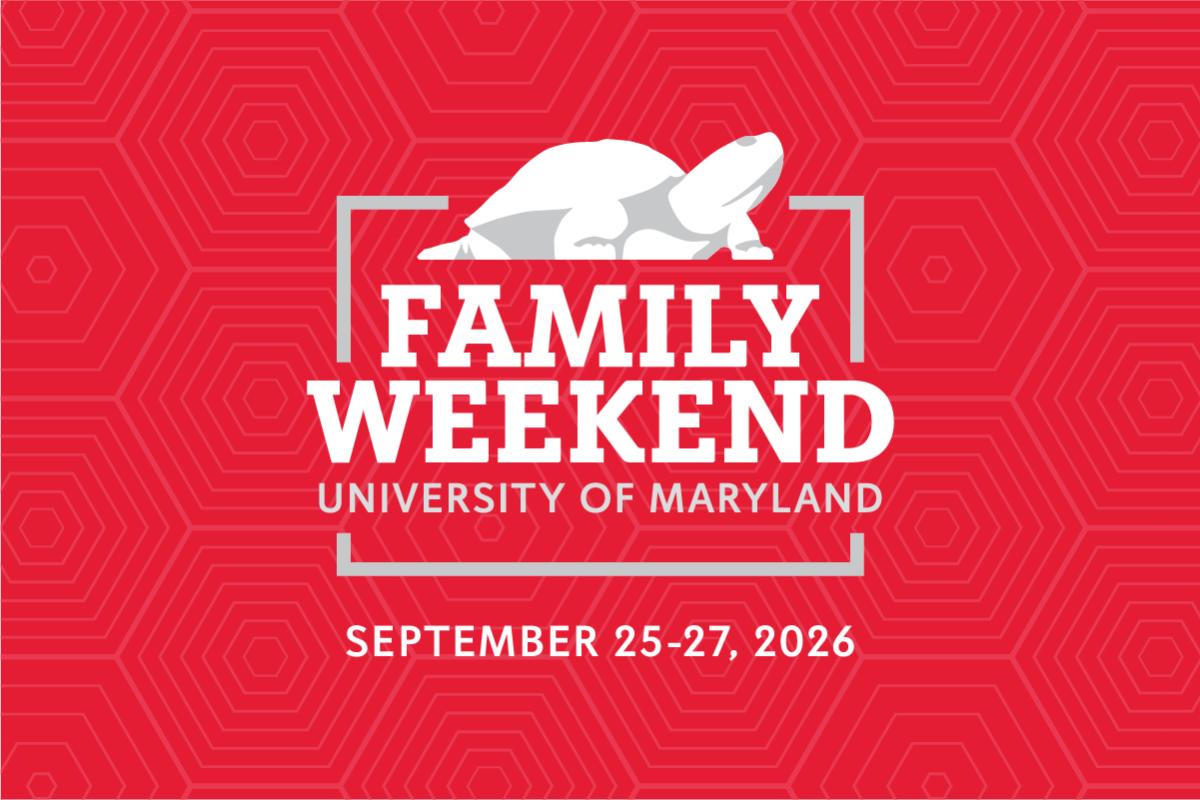 White and grey Family Weekend logo on red background 